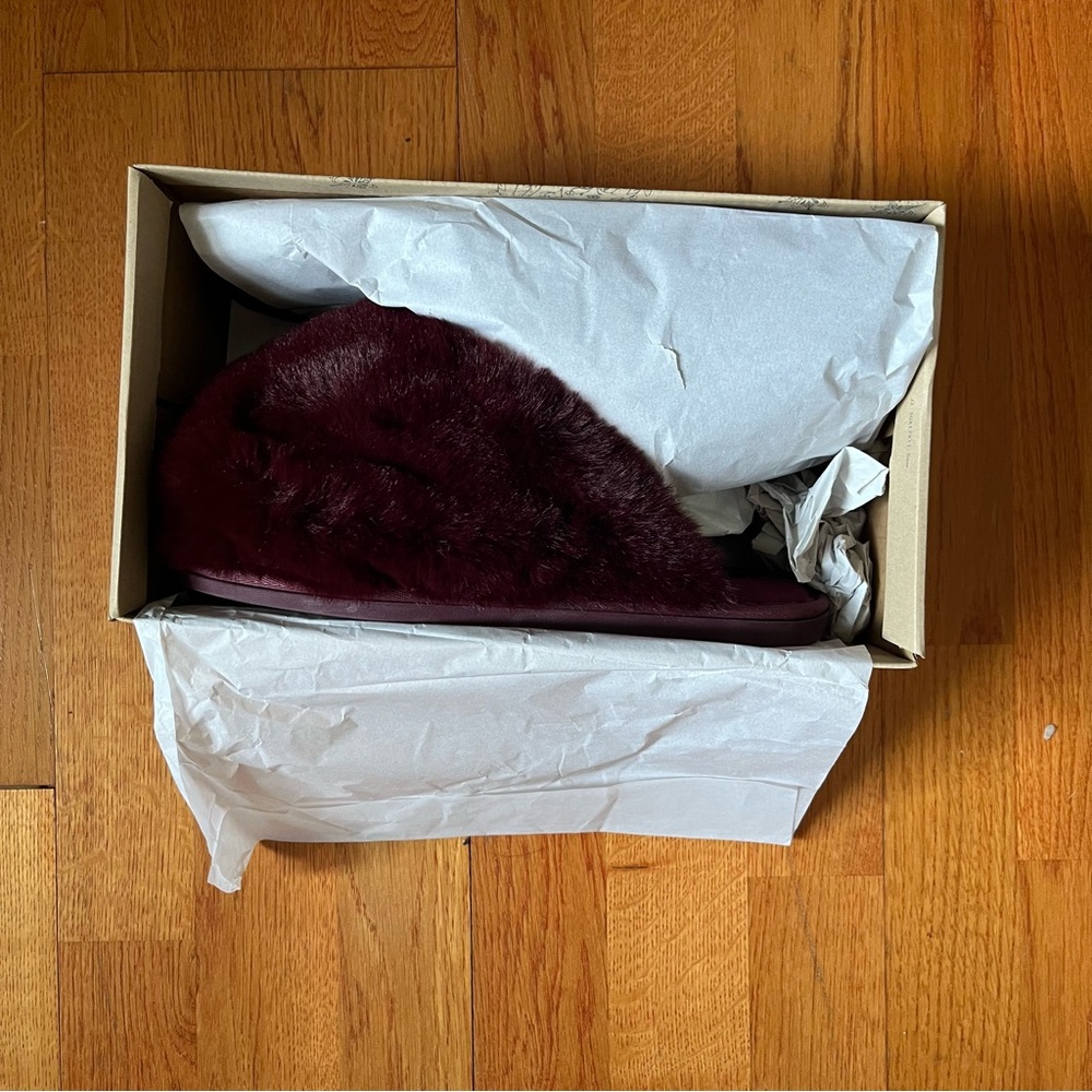 Free People Plush Faux Fur Slide Slippers in Deep Burgundy